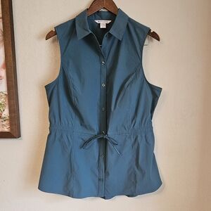 Athleta Levitate Poplin Sleeveless Button Down Teal Top Sz L